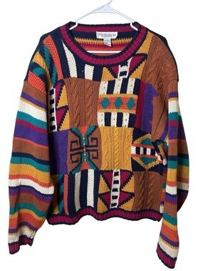 Melbourne Crewneck Patchwork Cable‎ Knit Sweater Multicolor Vintage Large Ramie
